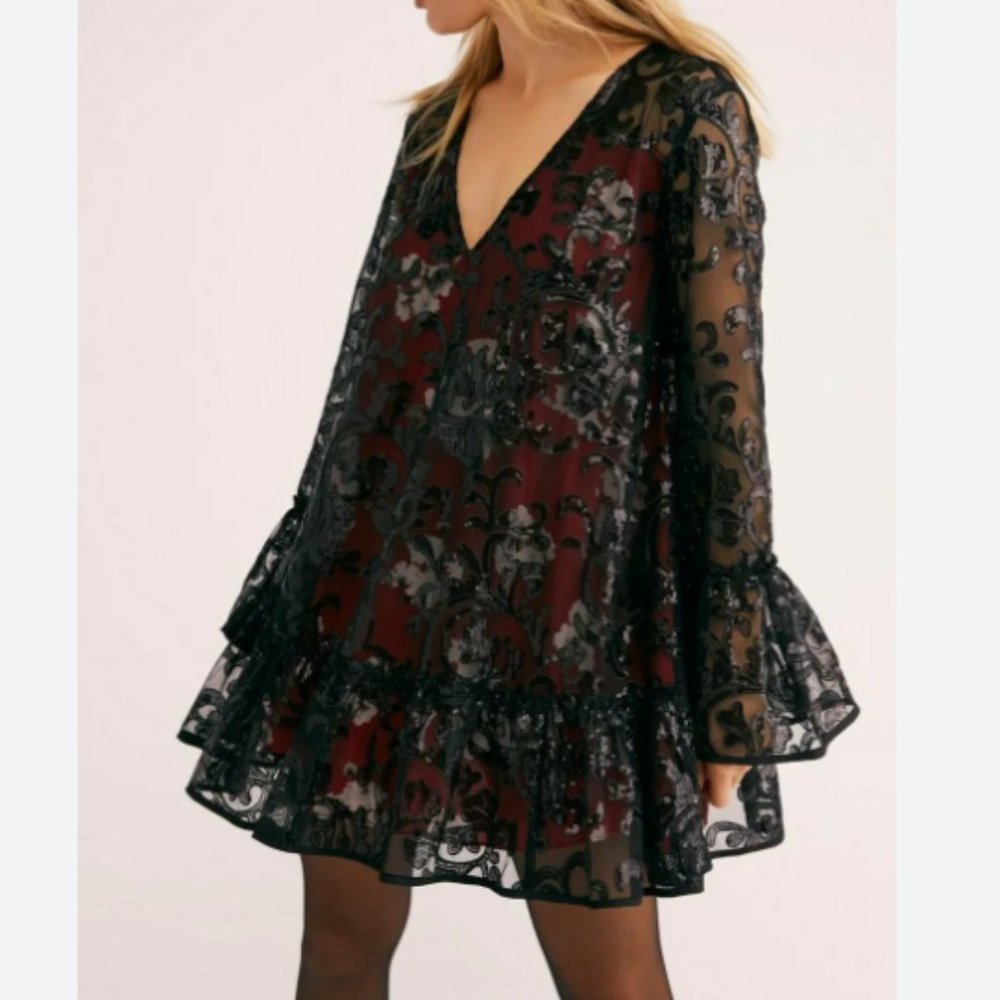 FREE PEOPLE Falling Flowers Flock Mesh Sequin Long Sleeve Dress | Size Large